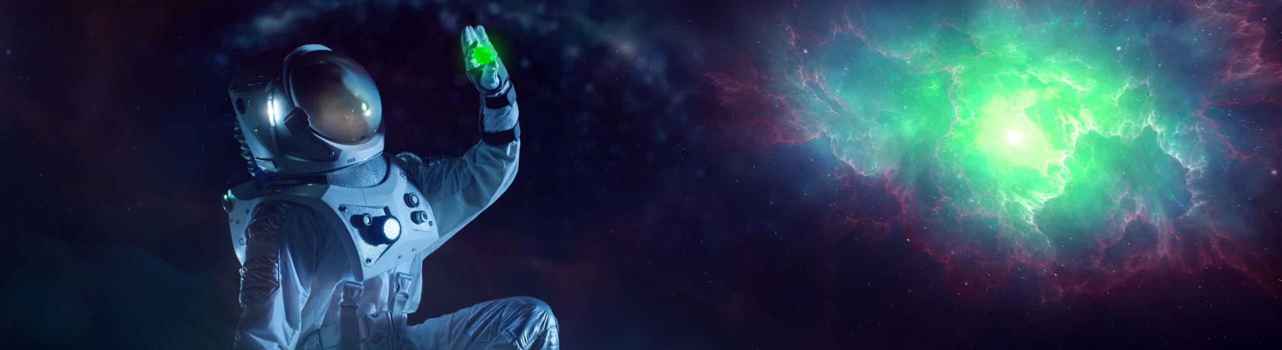 Team of Aerospace Engineers Design New Space Suit Adapted for Galaxy Exploration and Travel. Group of Scientists Wearing White Coats have Discussion, Use Computers. Constructing Astronaut Helmet