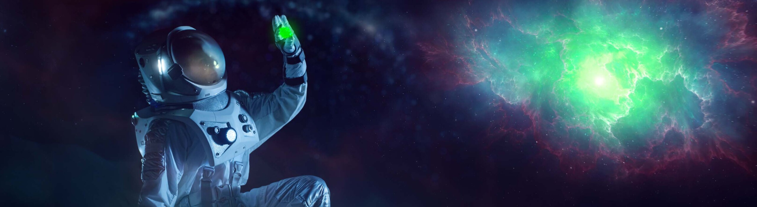 Team of Aerospace Engineers Design New Space Suit Adapted for Galaxy Exploration and Travel. Group of Scientists Wearing White Coats have Discussion, Use Computers. Constructing Astronaut Helmet